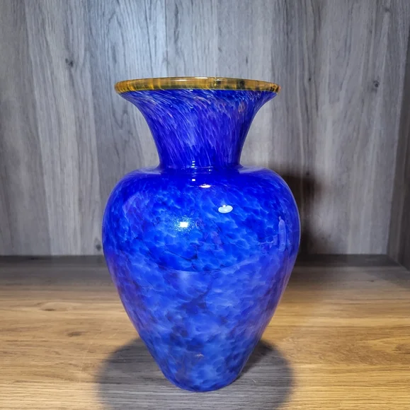 Hand Blown Glass Vase Vibrant Blue White Speckled Yellow Brim Art Glass - Picture 9 of 13